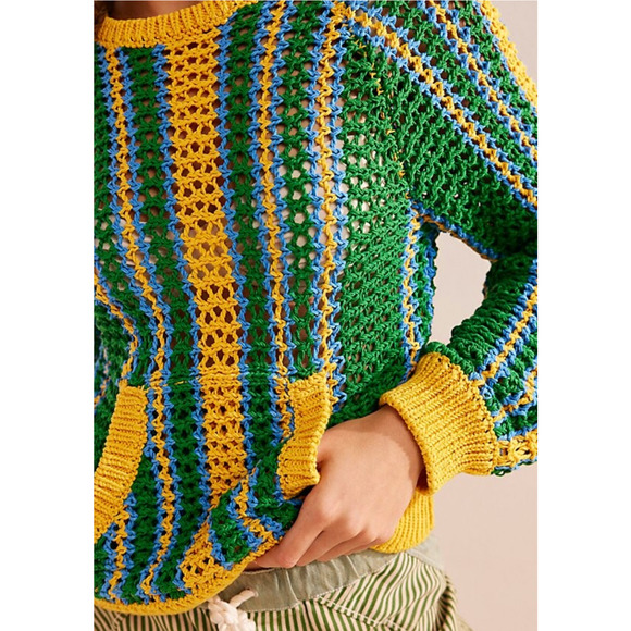 NEW FREE PEOPLE FP BEACH GREEN BLUE YELLOW DAYTON STRIPED PULLOVER SWEATER SZ XS - Picture 4 of 9